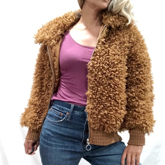 Women/'s Wild Fable Brown Cognac Sherpa Zip Up Teddy Jacket
